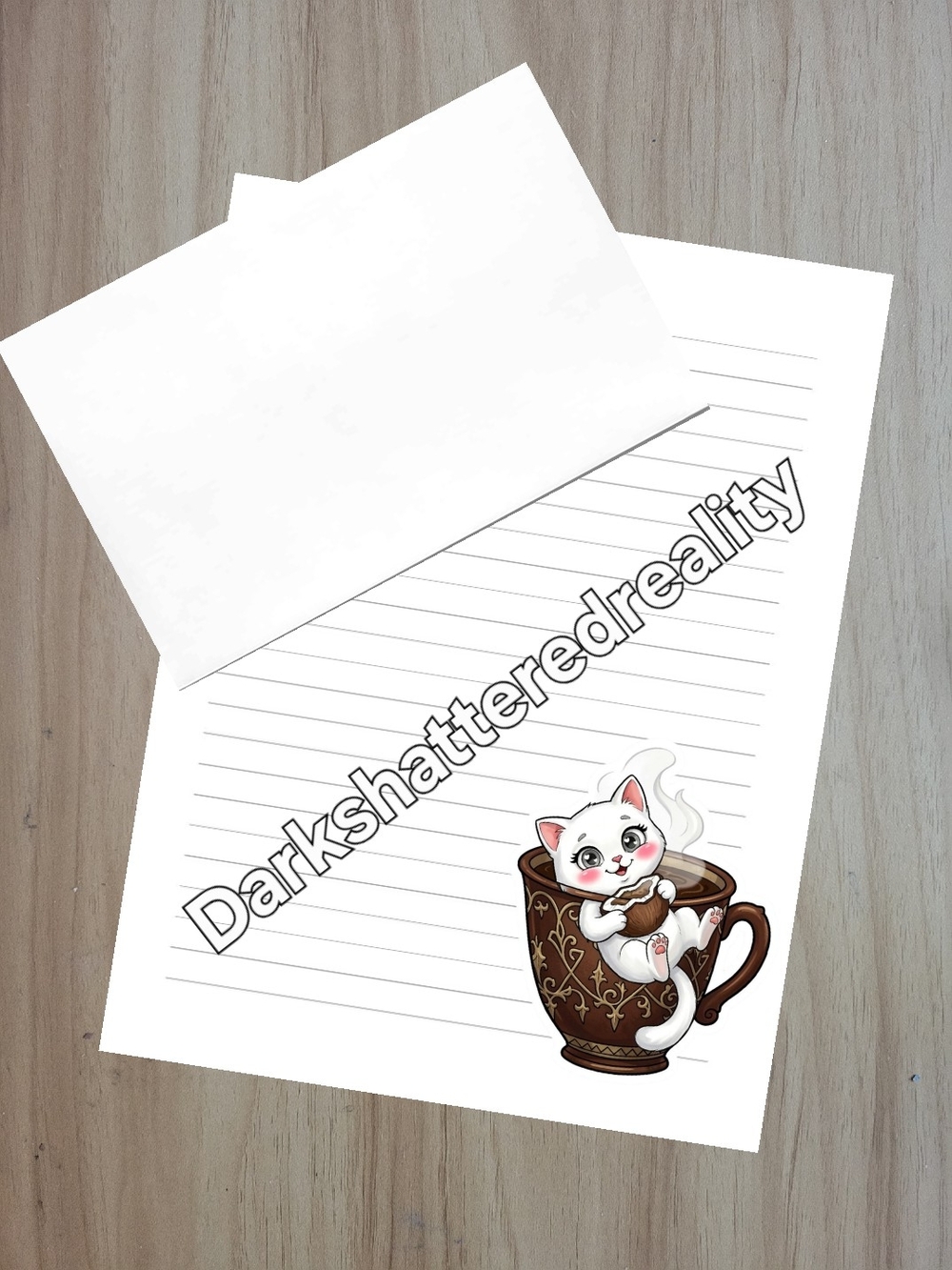 🖤NEW🖤 24pc White Cat in Brown Mug Lined Pet-Themed Stationery With Envelopes